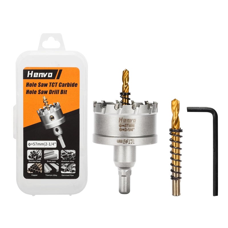 Henvo Hole Saw 2-1/4" (57mm) Heavy Duty Carbide with 2 Pilot Drill Bits - Metal Hole Cutter Cuts Stainless Steel, Iron, Copper, Brass, Plastic - Image 1